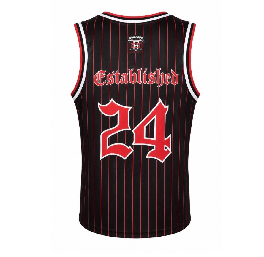 Black pinstripe basketball jersey with red text and "established 24" on a white background