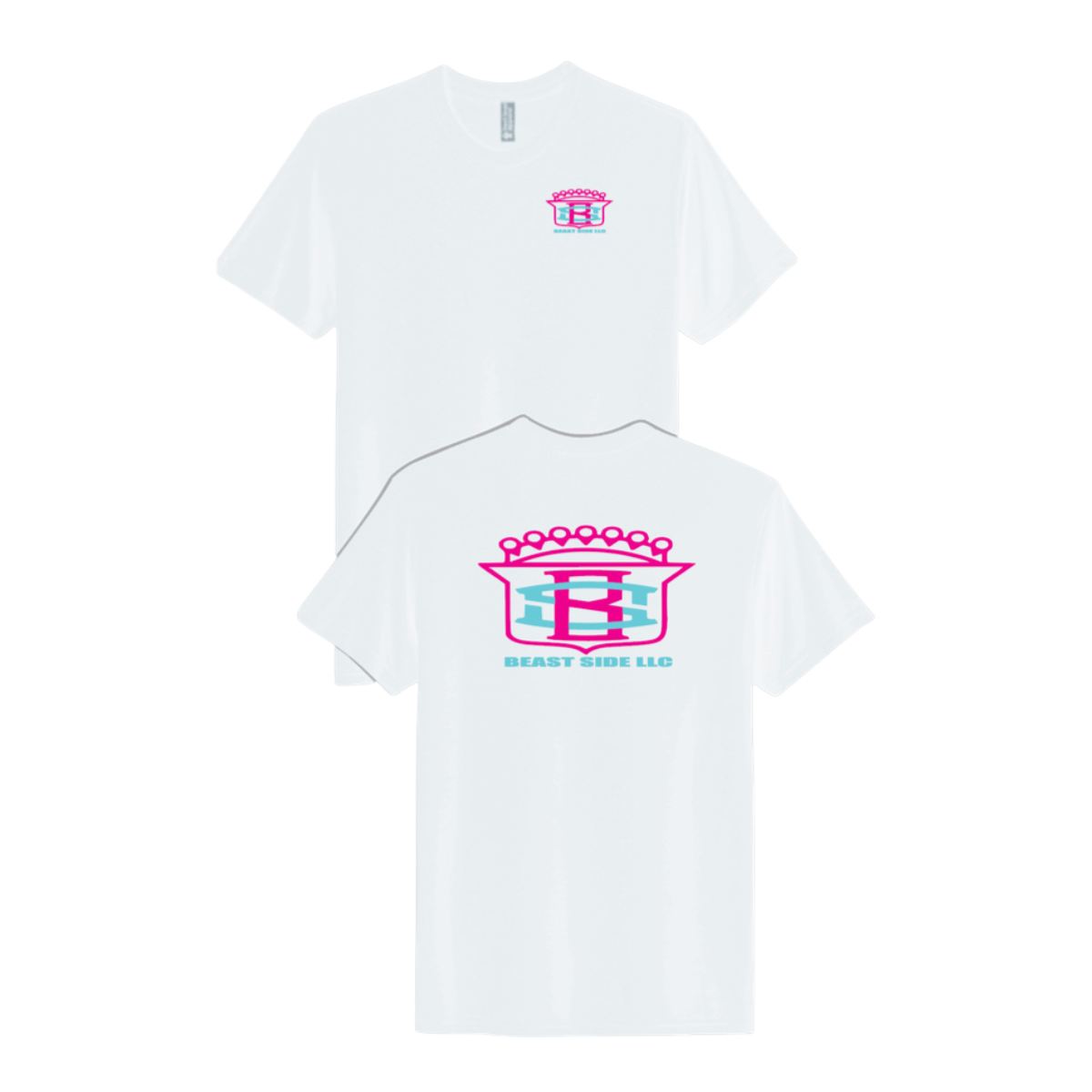 White t-shirt with pink and blue Beast side logo on a white background