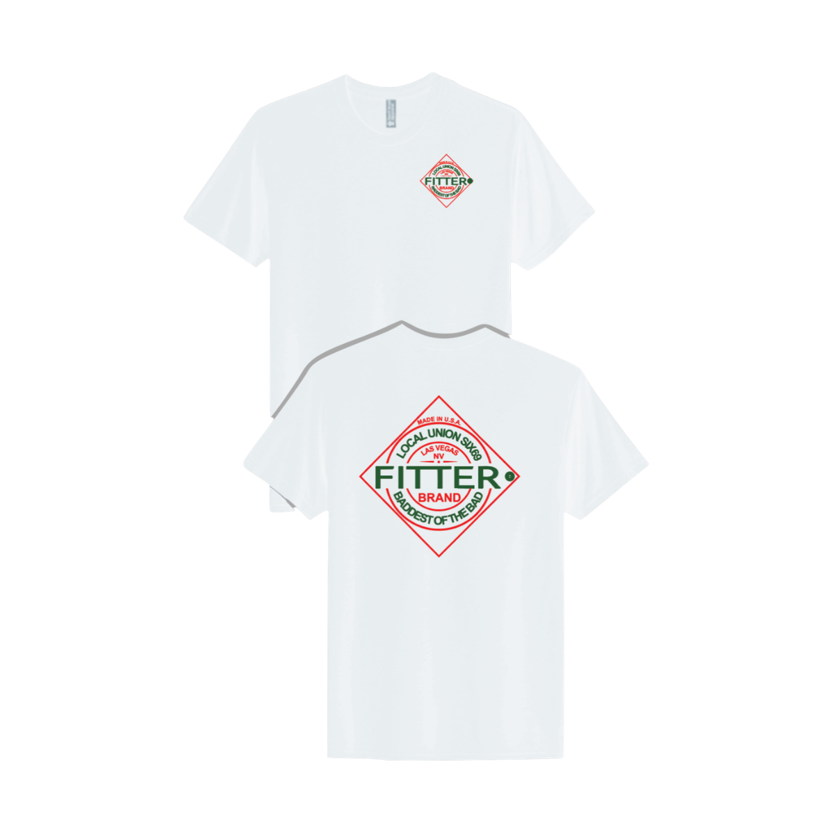 White t-shirt with Fitter Brand logo on a white background