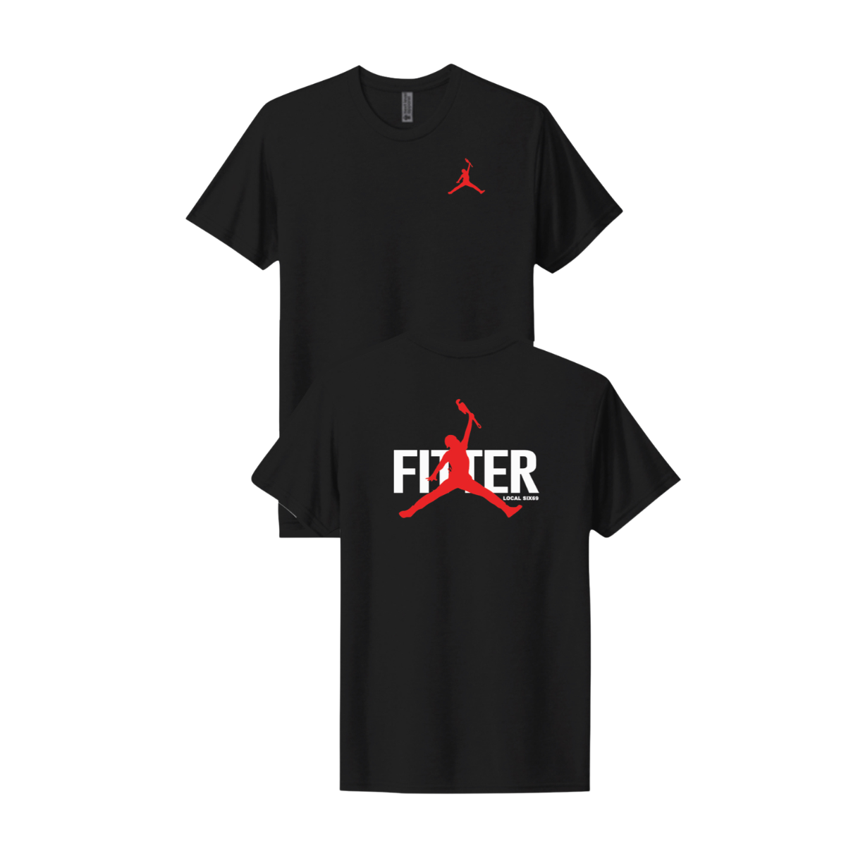 Two black t-shirts with red and white logos on a white background