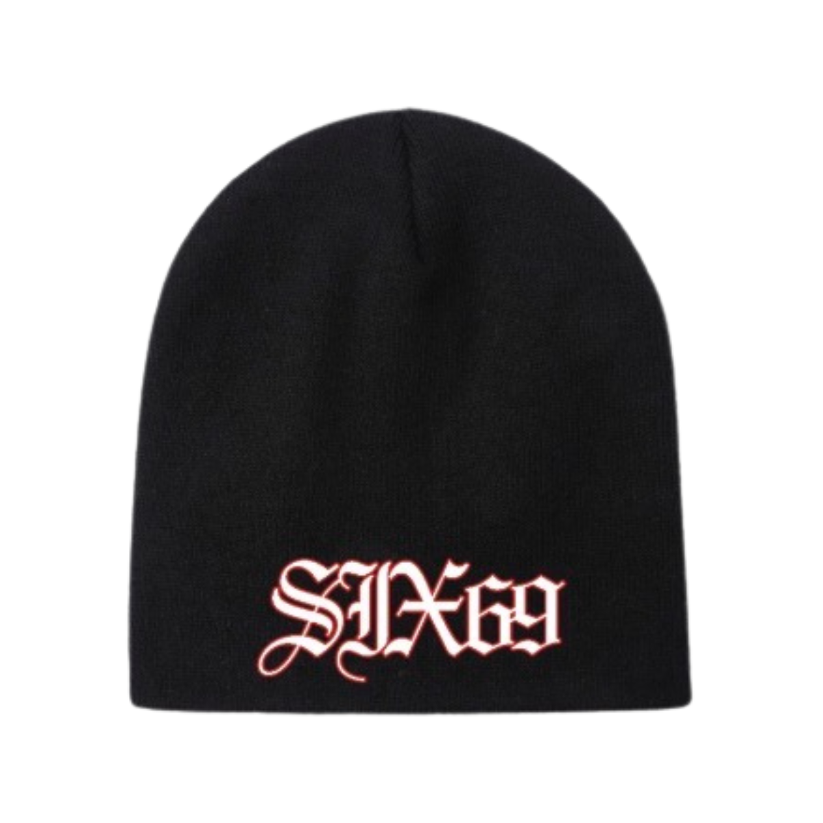 Black beanie with red 'SIX69' logo on a white background