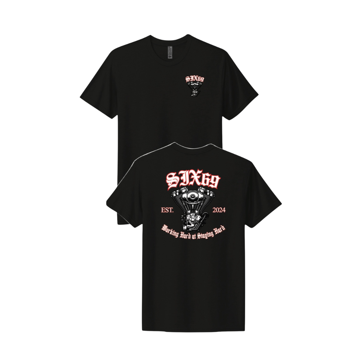 Black t-shirt with 'SIX69' logo and text on a white background