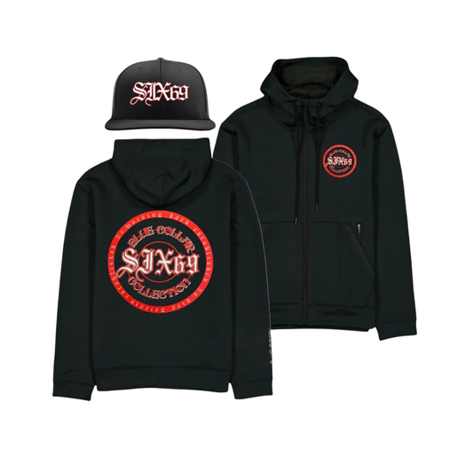 Black hoodie and cap with red and white logo on a white background