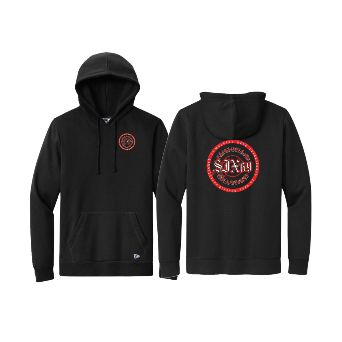 Black hoodie with red and white logo on front and back, displayed on a white background.