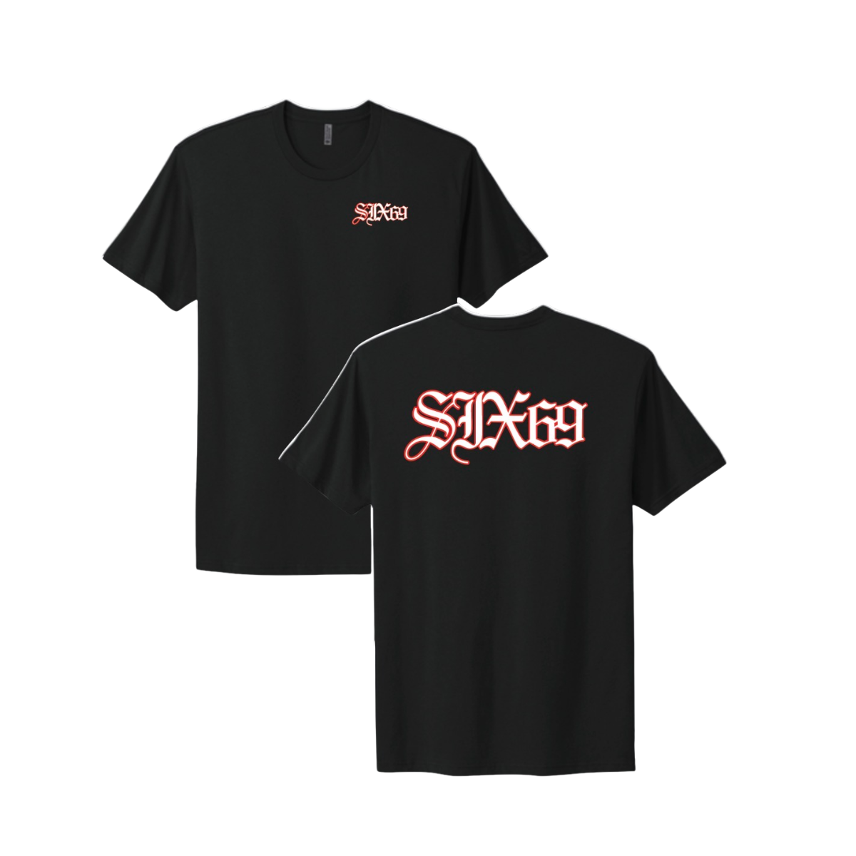 Black t-shirt with red and white 'Six69' logo on a white background