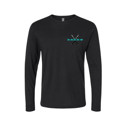 Black long-sleeve shirt with a logo on the chest against a white background