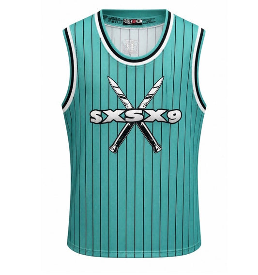 Teal sleeveless jersey with 'SXSX9' logo on a white background