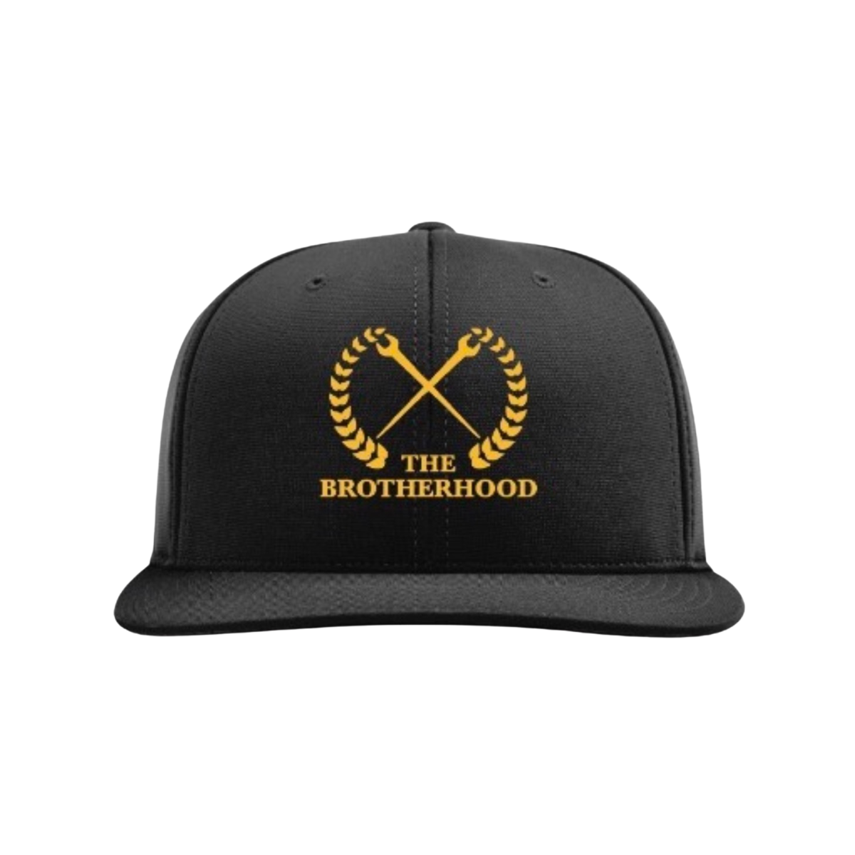 Black cap with gold logo and text 'The Brotherhood' on a white background