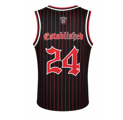 Black pinstripe basketball jersey with red text and "established 24" on a white background