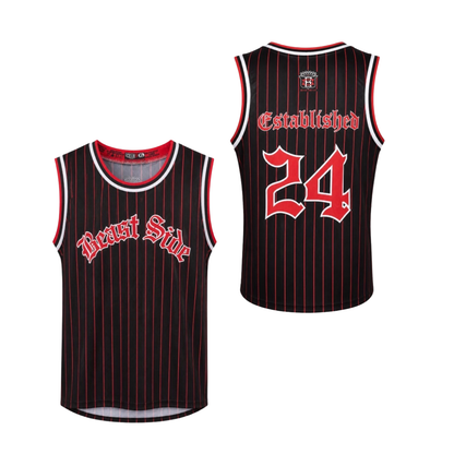 Black and red striped basketball jersey with 'Beast Side' and number '24' on a white background