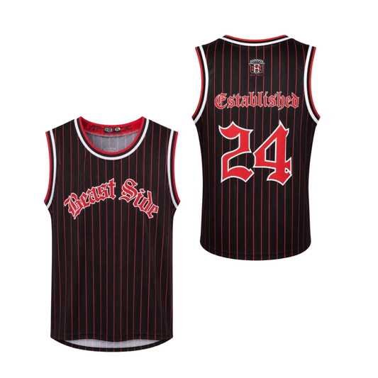 Black and red striped basketball jersey with 'Beast Side' and number '24' on a white background