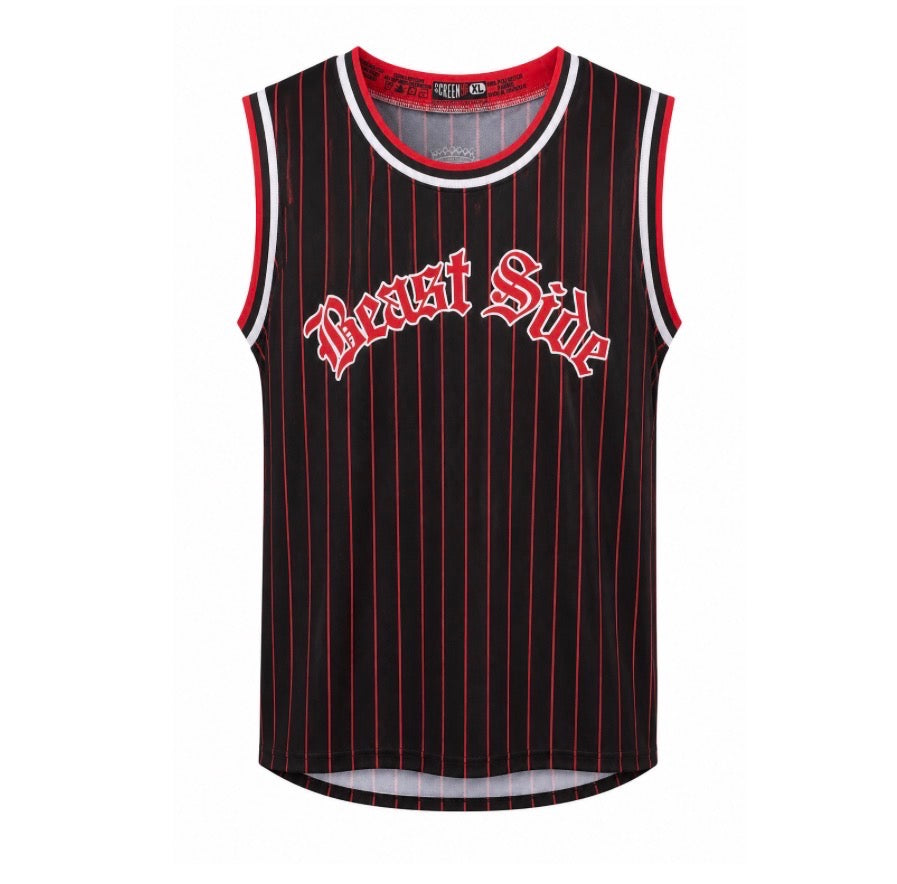 Black pinstripe tank top with 'Beast Side' in red text on a white background