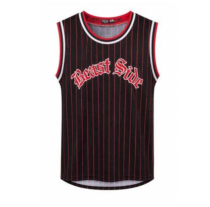 Black pinstripe tank top with 'Beast Side' in red text on a white background
