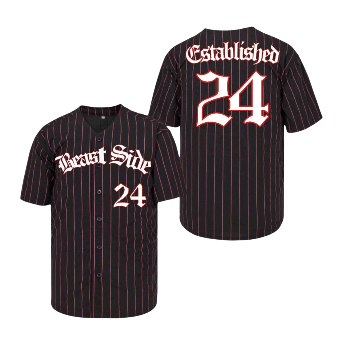 Black pinstripe baseball jersey with 'Beast Side' and 'Established 24' text on a white background