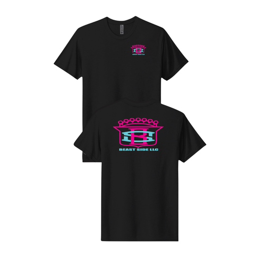 Black t-shirt with beast side logos on the front and back on a white background