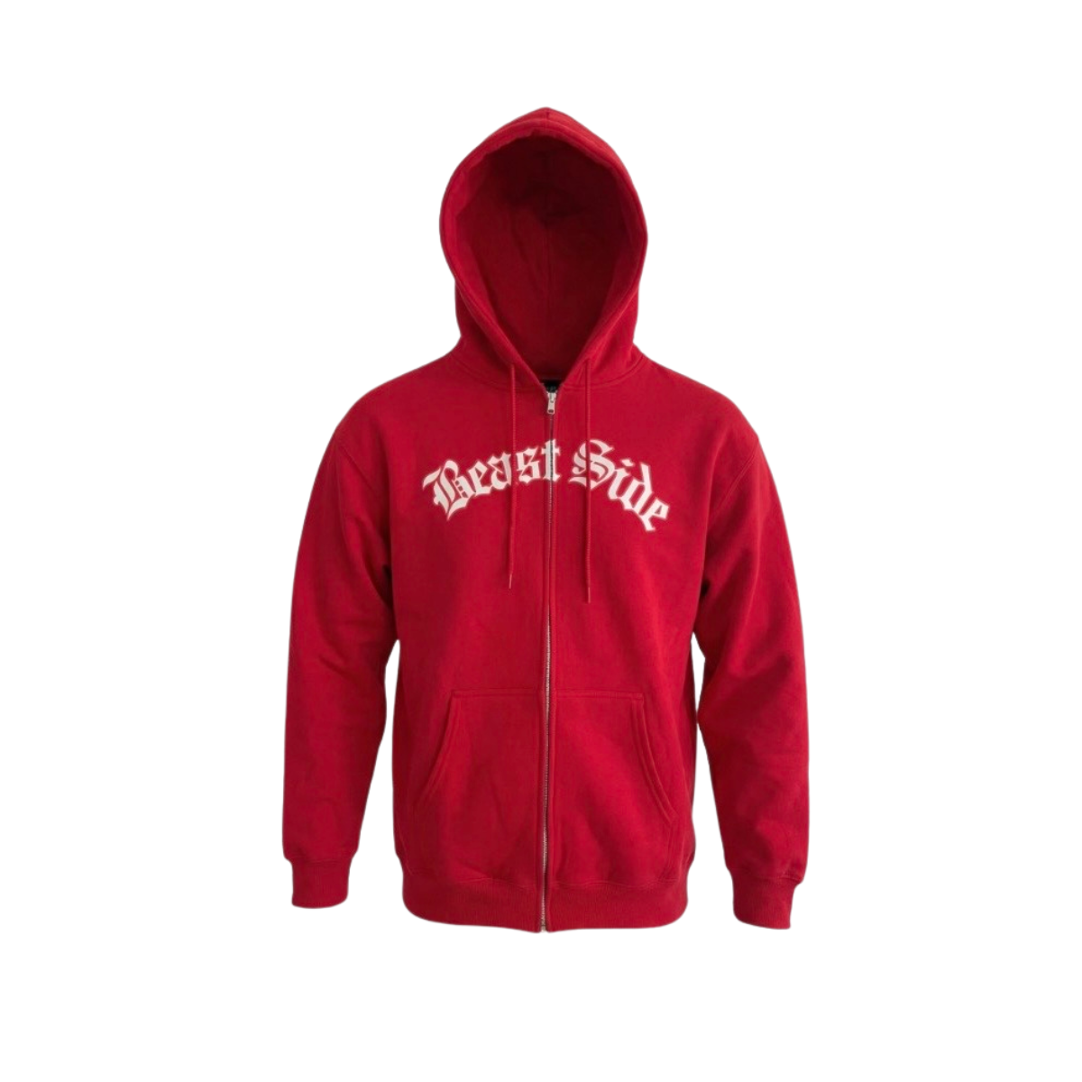 Red hoodie with 'Beast Side' text on a white background