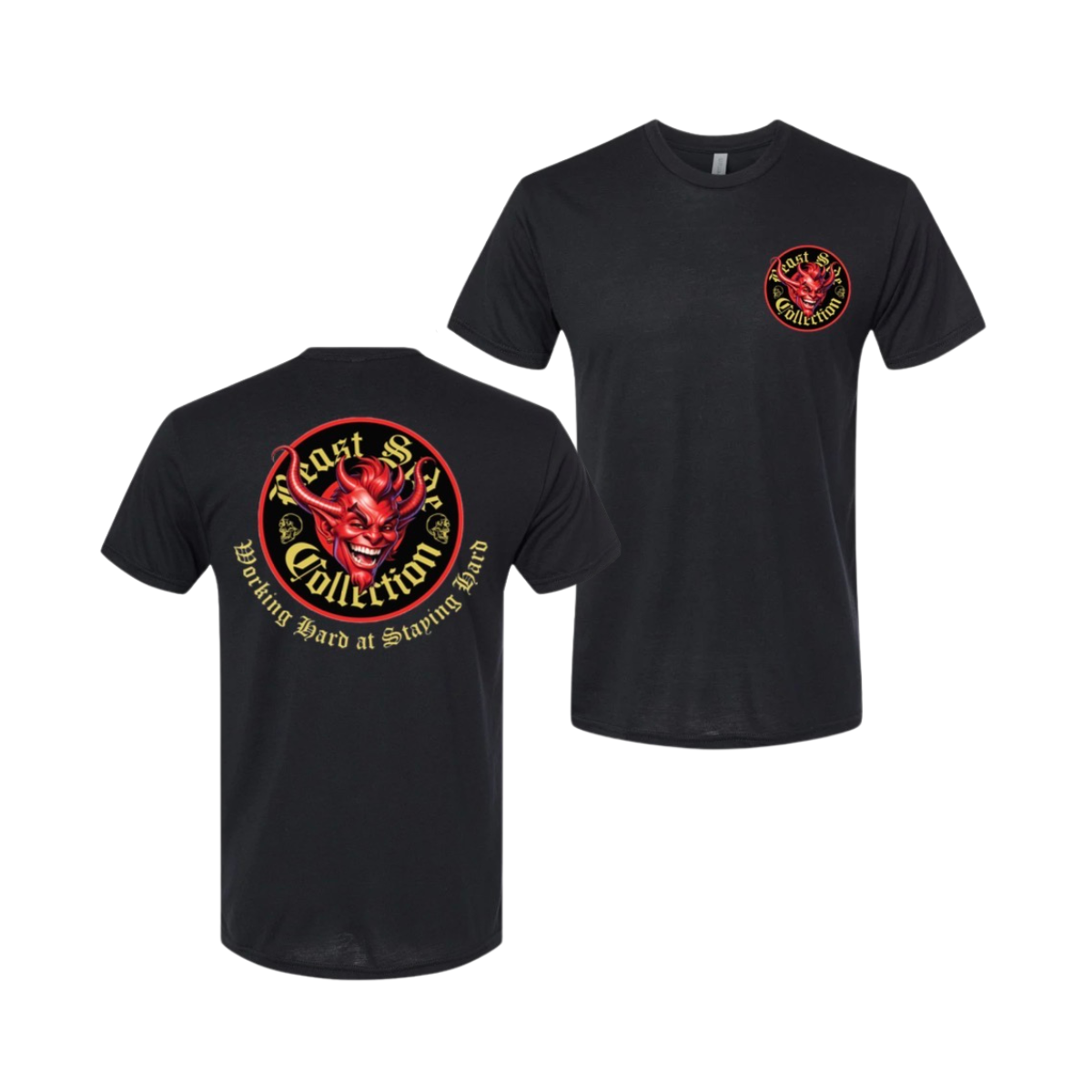 Black t-shirt with red and yellow graphic design on front and back