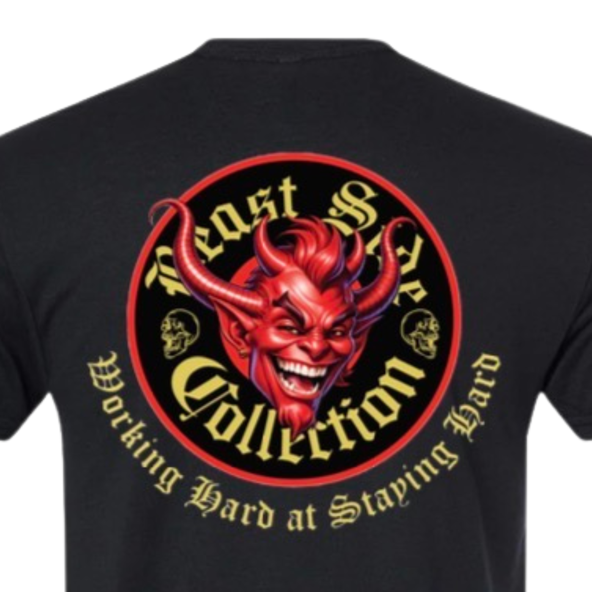 Black t-shirt with a red devil graphic and text on the back