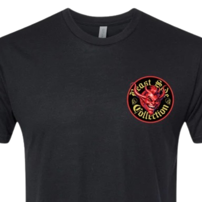 Black t-shirt with a red and yellow logo on a white background