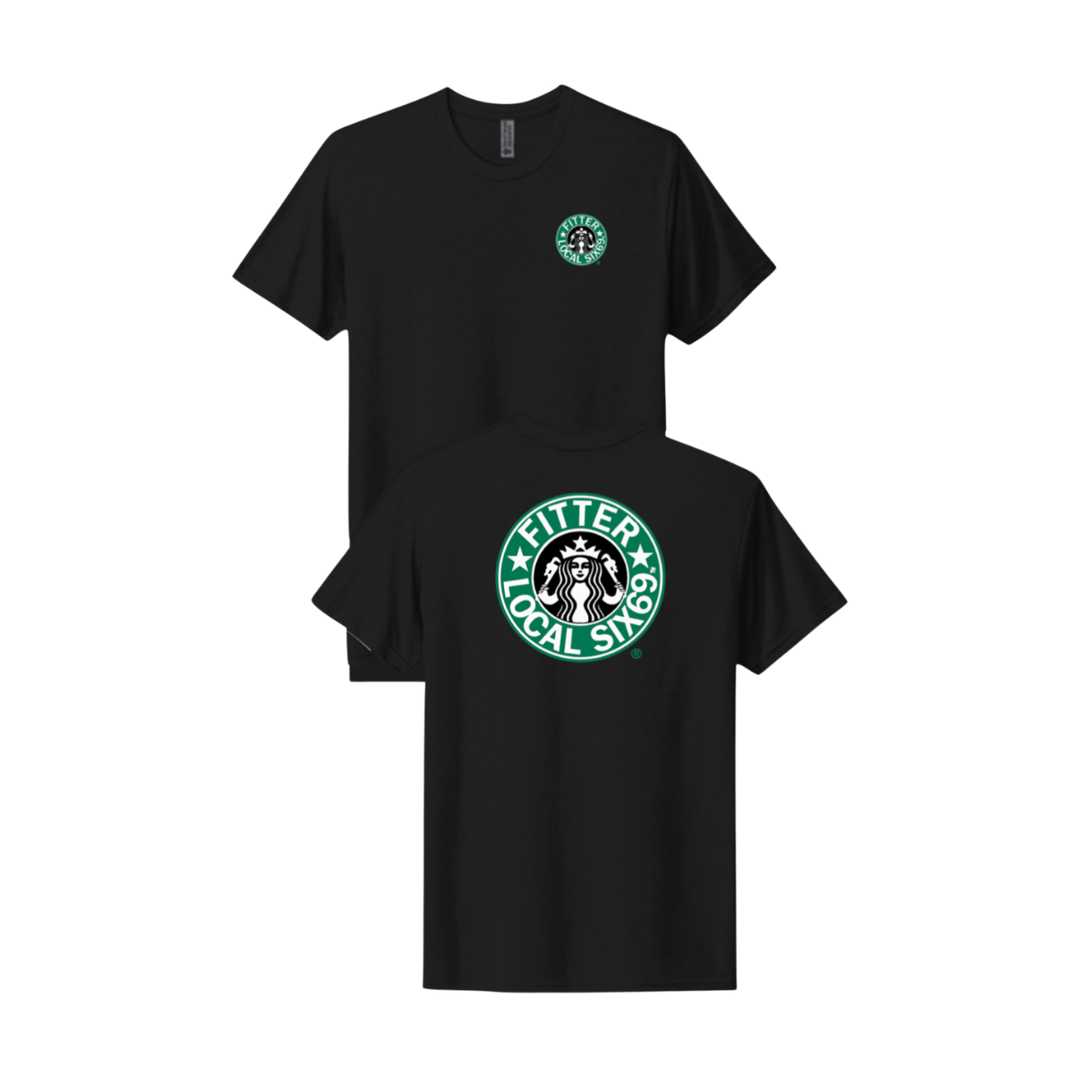 Two black t-shirts with Starbucks logos on a white background