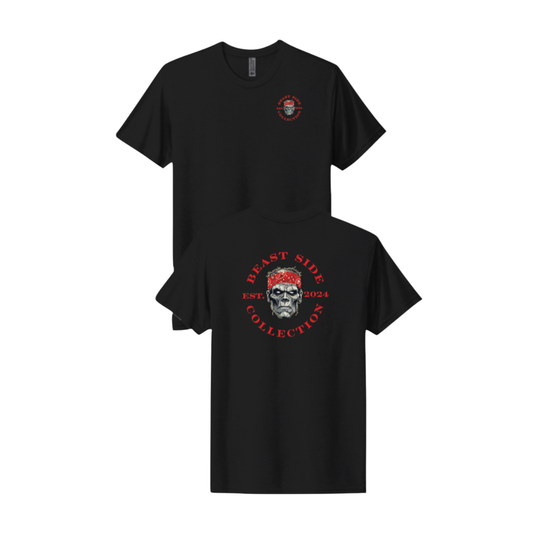 Black t-shirt with a Frankenstein and text on a white background