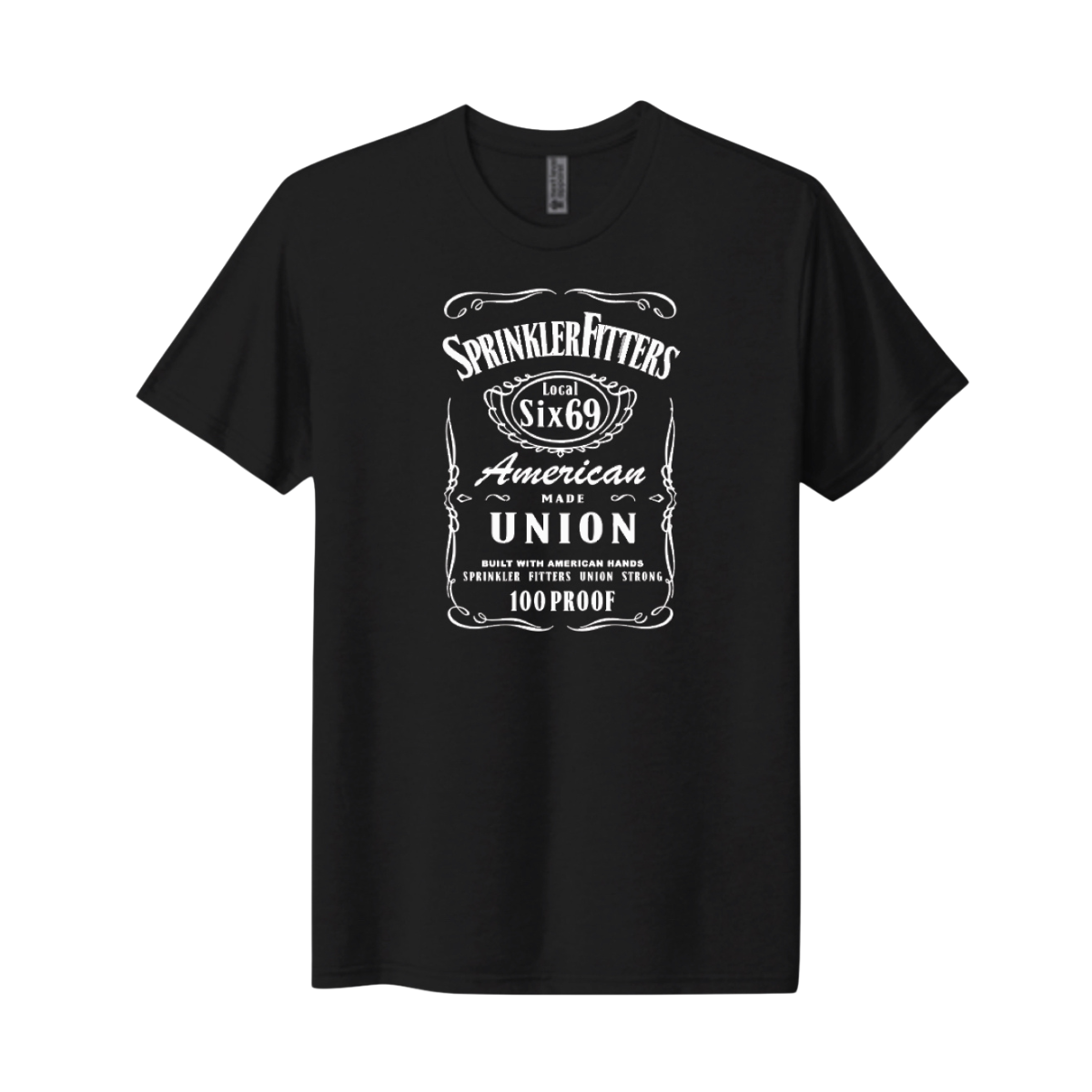 Black t-shirt with white graphic design on a white background