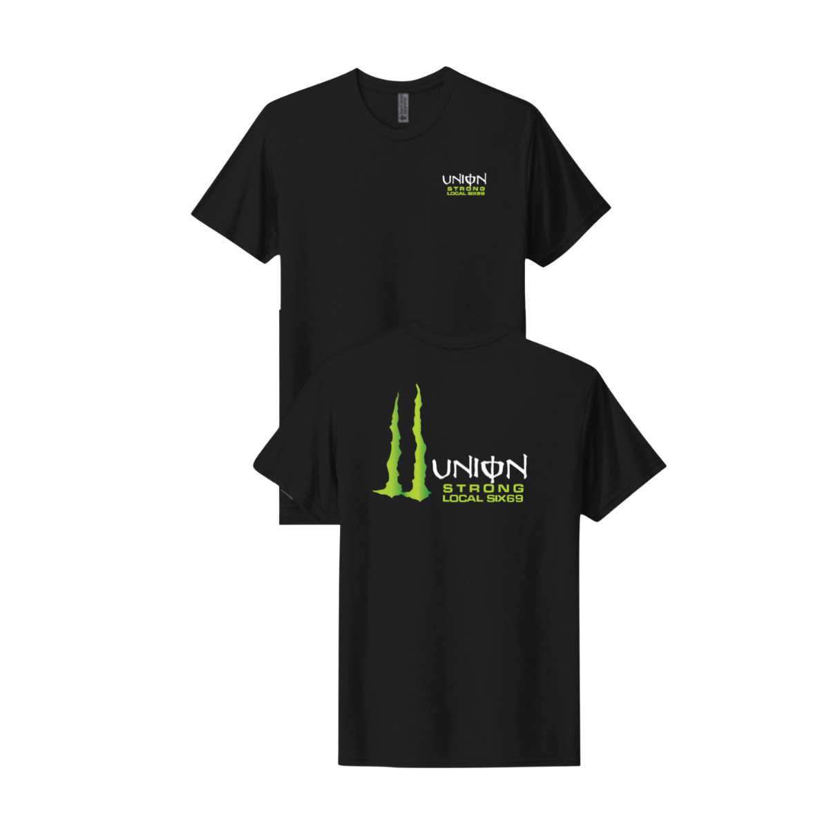 Two black t-shirts with green and white graphics and text on a white background