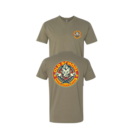 Khaki t-shirt with graphic design on front and back on a white background