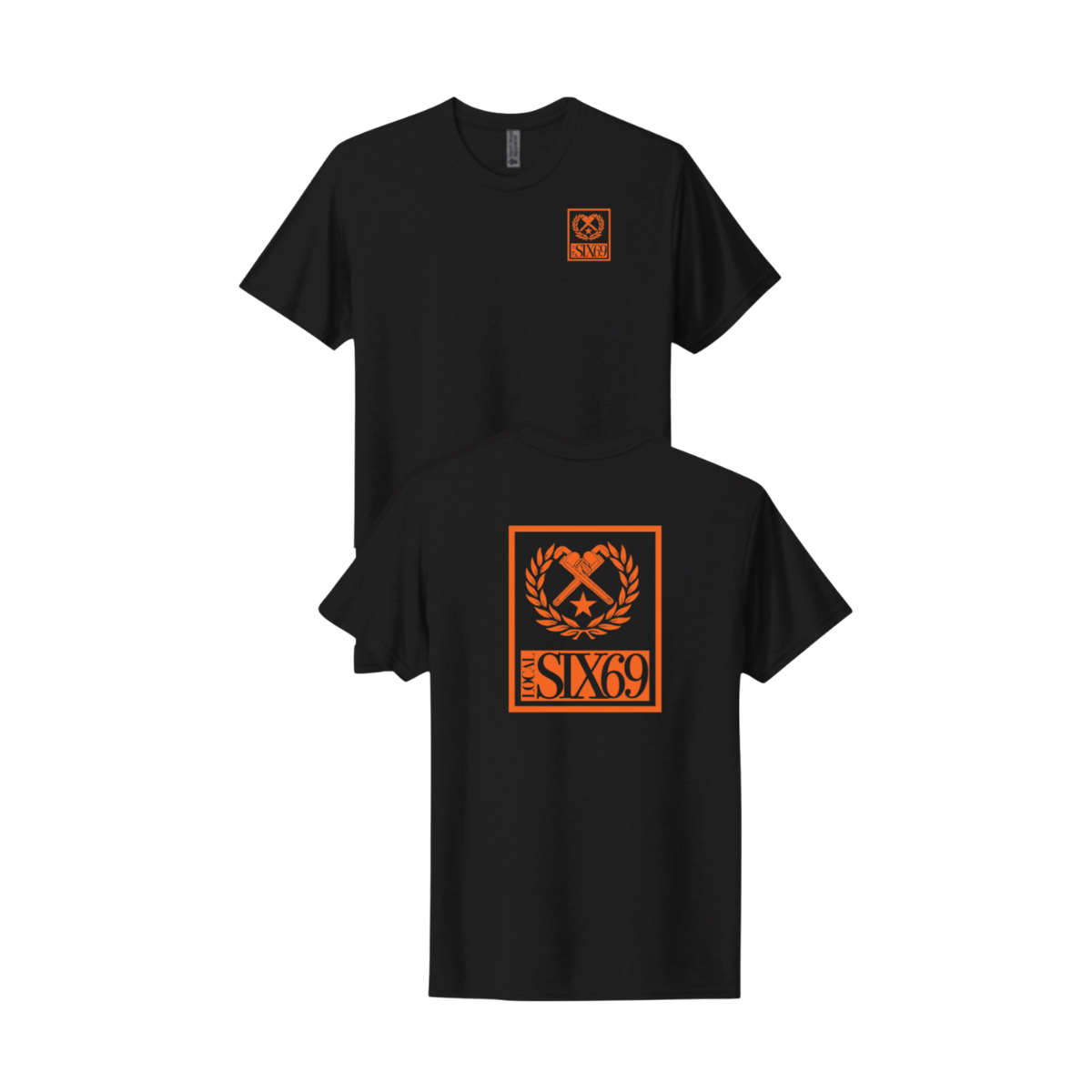 Black t-shirt with orange logo on a white background