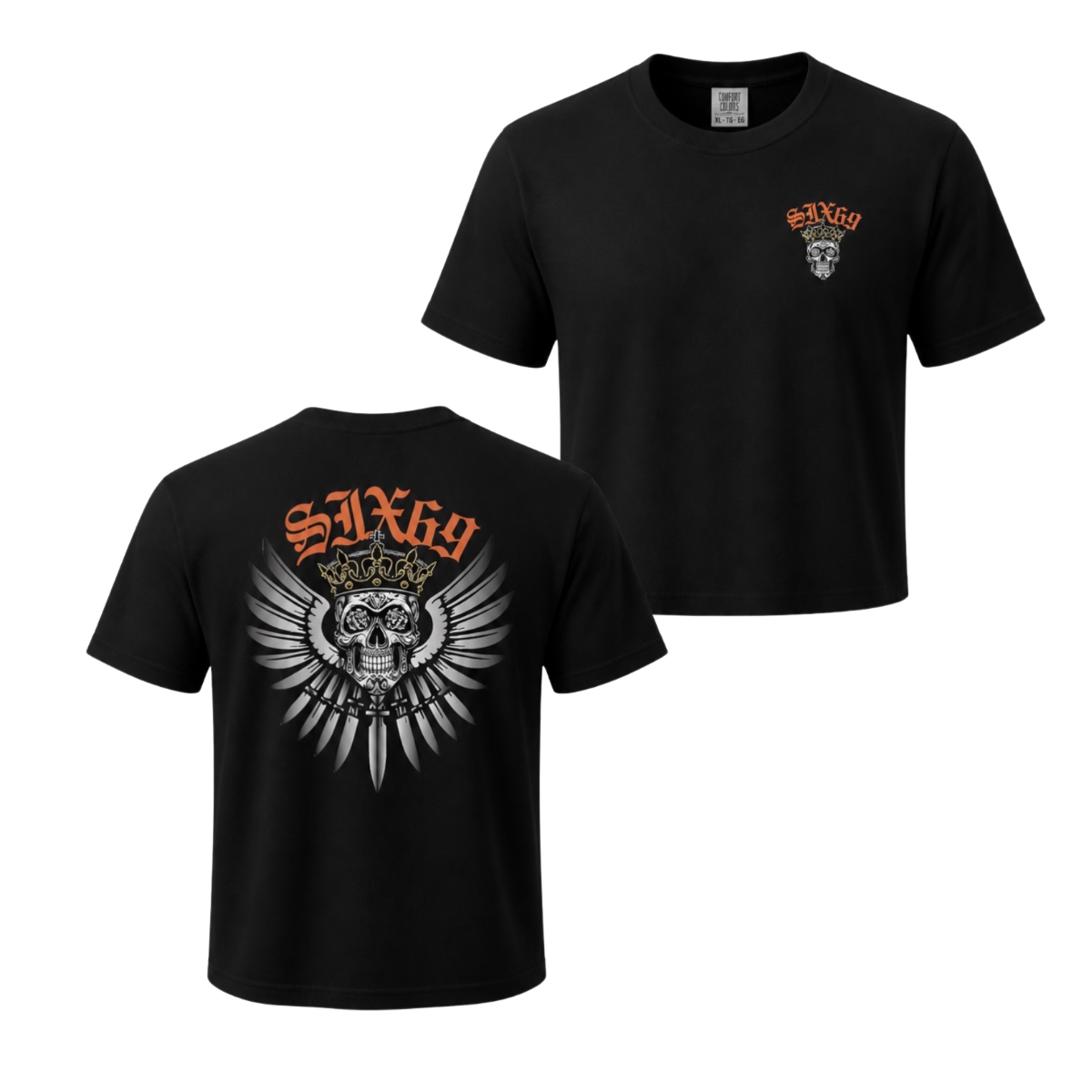 Black t-shirt with orange 'Six69' design on front and back, featuring a skull and wings.