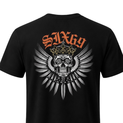 Black t-shirt with a skull design and orange 'SIX69' text on a white background