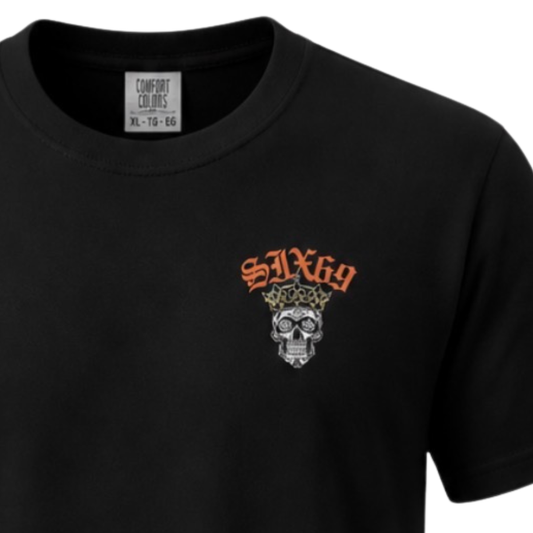 Black t-shirt with a skull and crown logo and 'SIX69' text on a white background