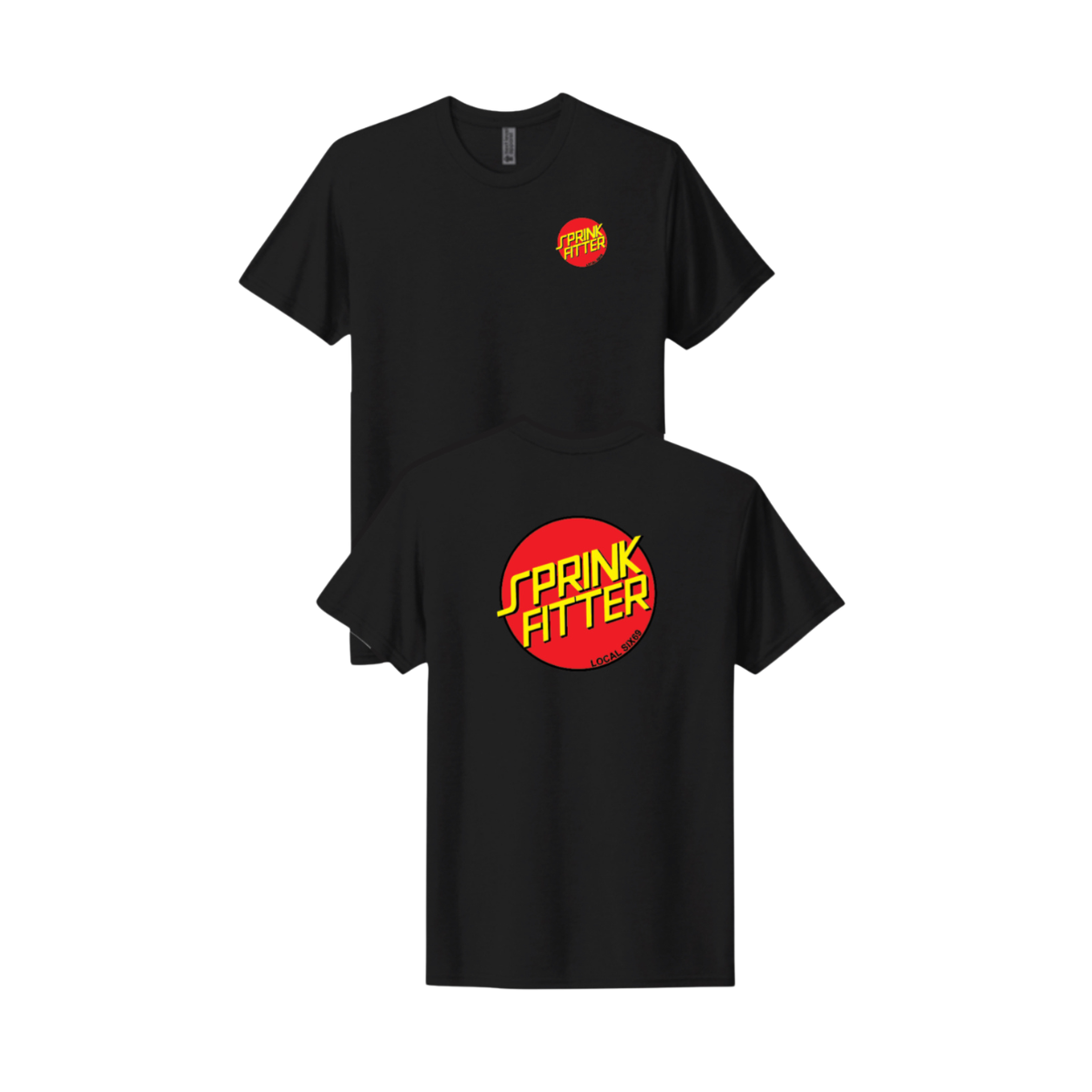 Black t-shirt with red and yellow logo on a white background