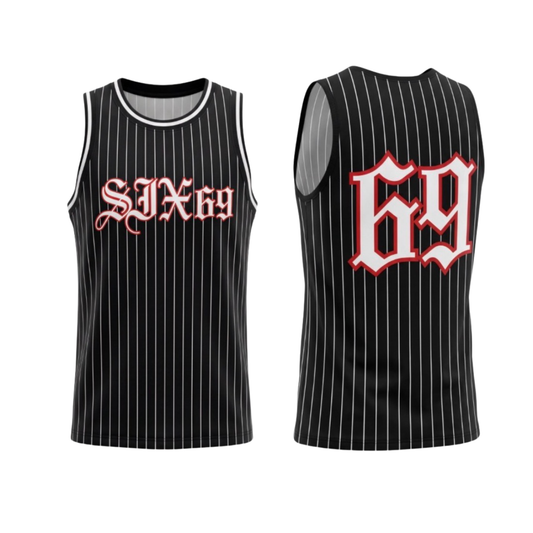 Black pinstripe tank top with 'SIX69' logo on a white background