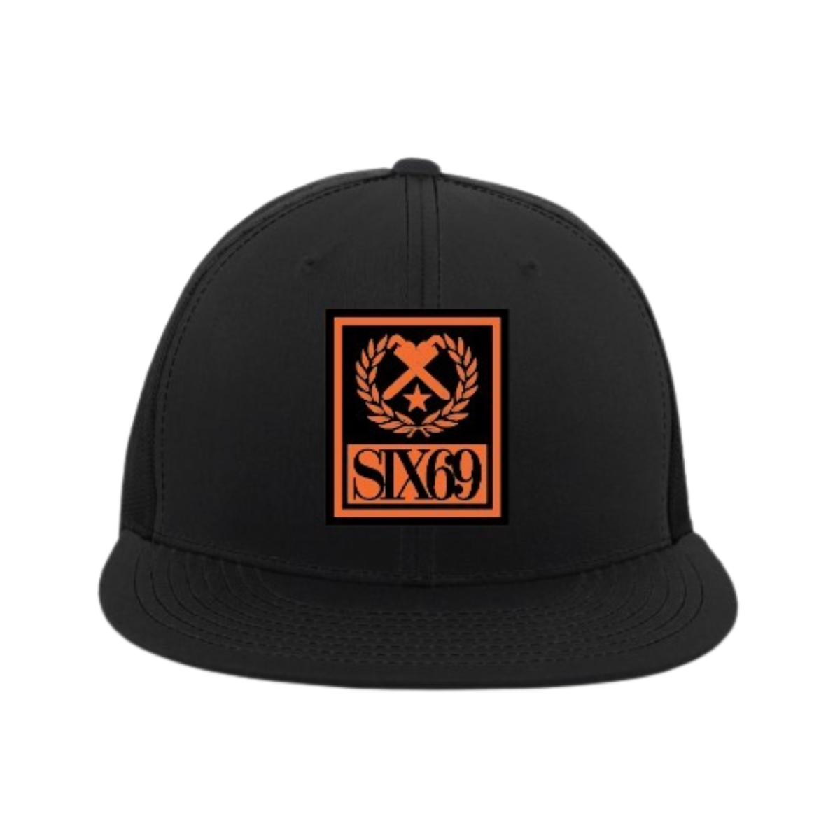 Black cap with orange logo and text on a white background