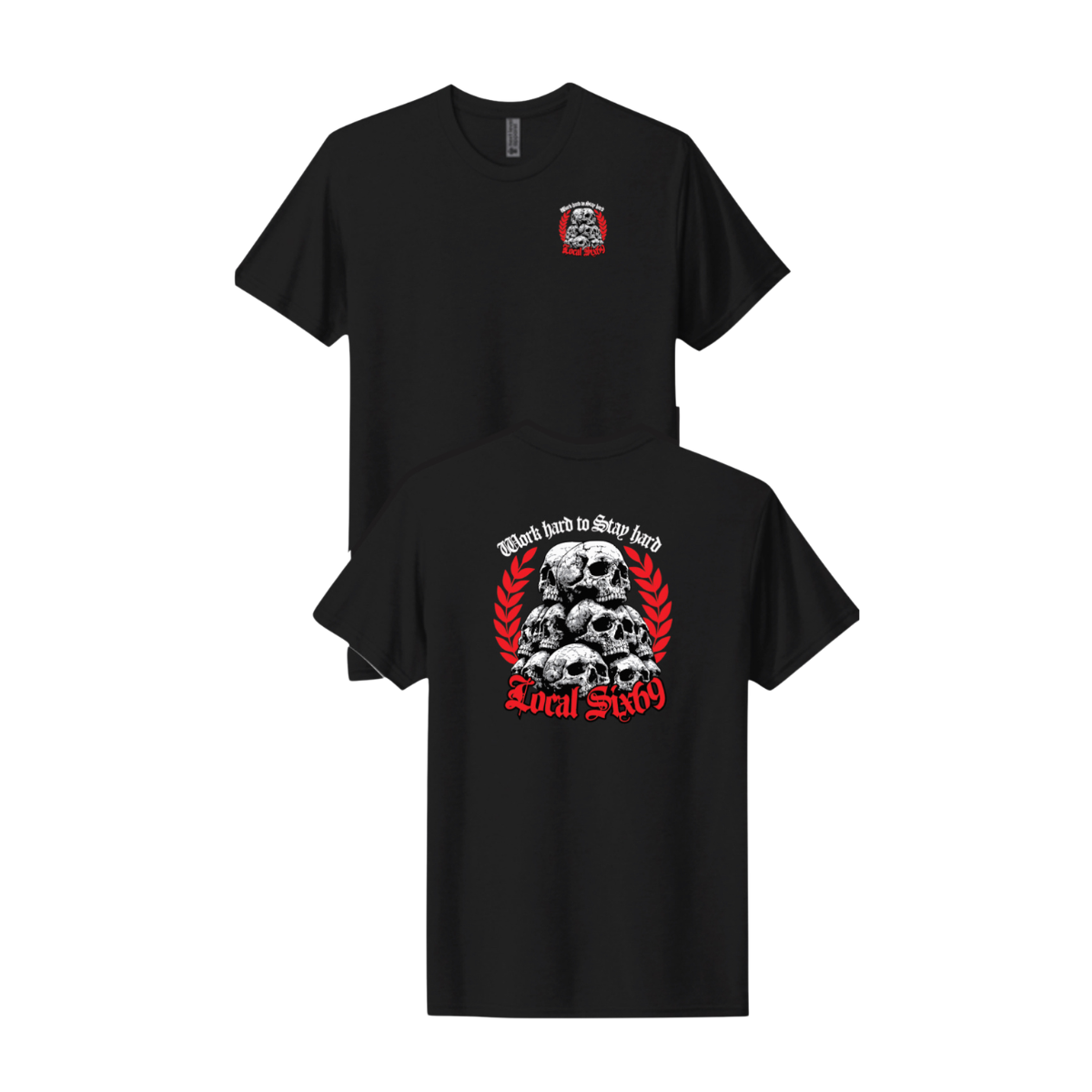 Black t-shirt with red and white skull Six69 logo on white background