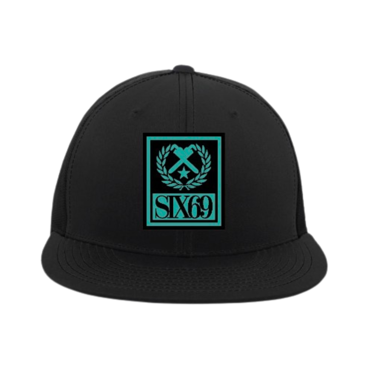 Black cap with teal logo on a white background