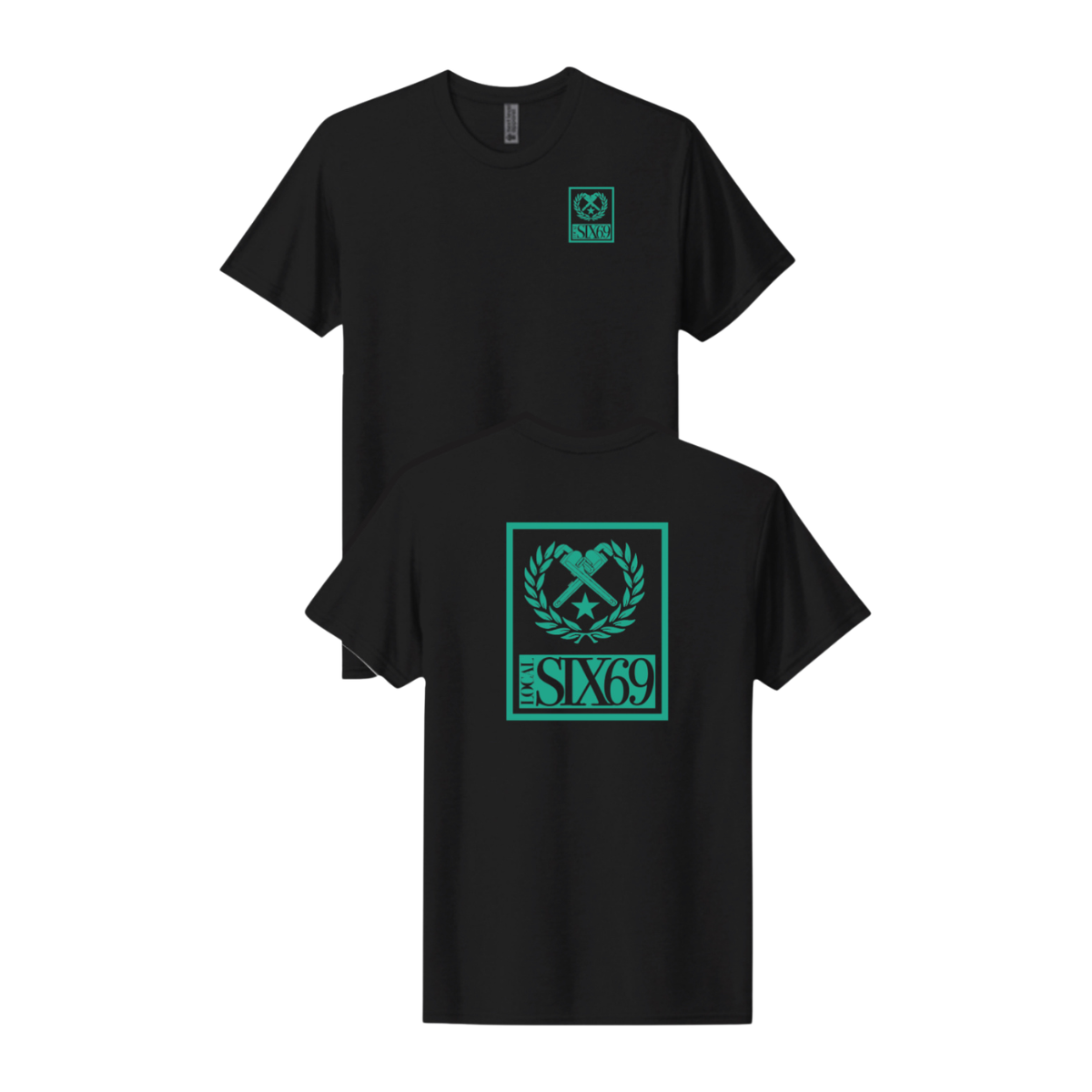 Two black t-shirts with green logos on a white background