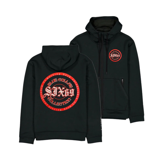 Black hoodie with red and white logo on front and back, on a white background