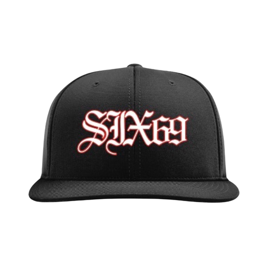 Black cap with red 'SIX69' logo on a white background