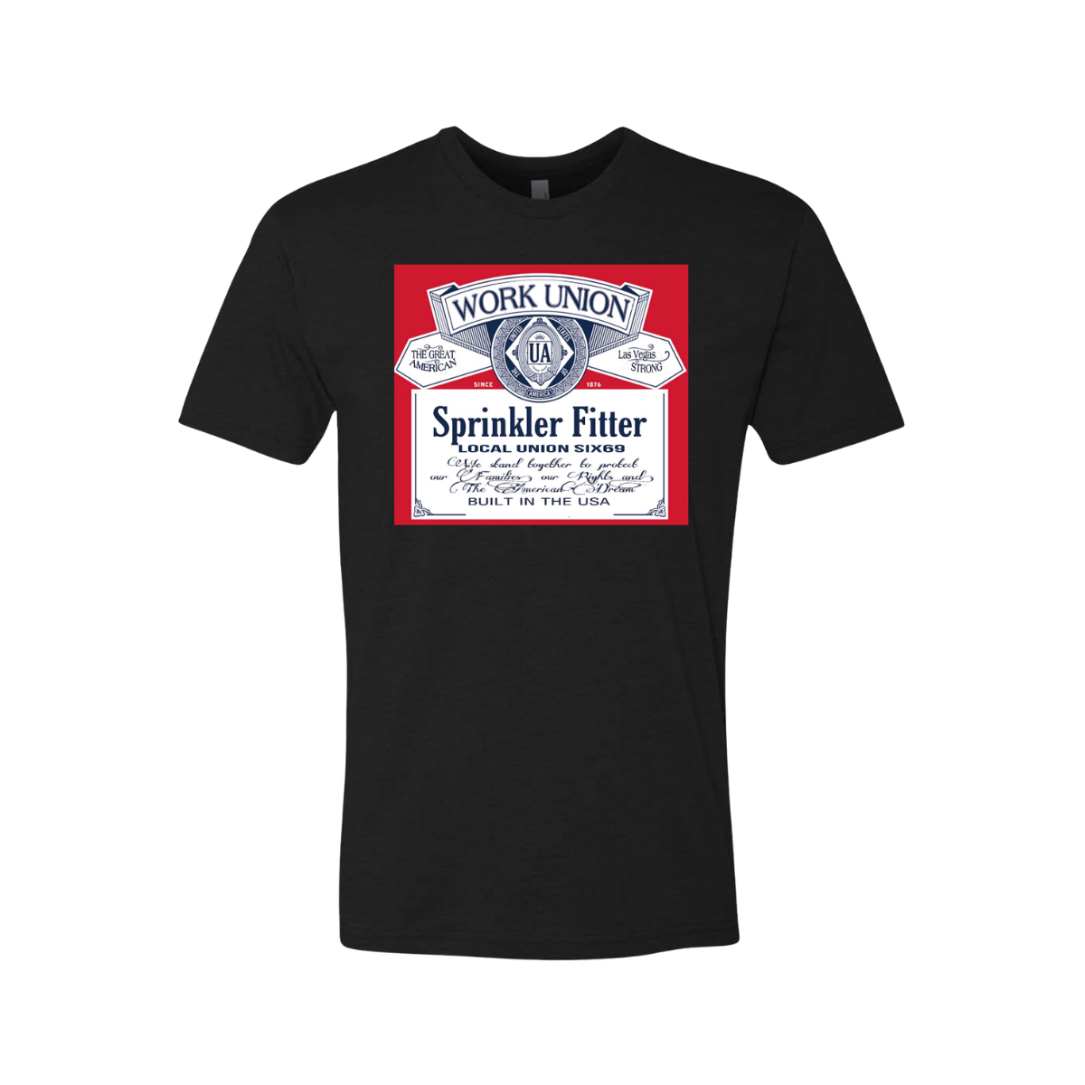 Black t-shirt with a red and white label graphic on a white background