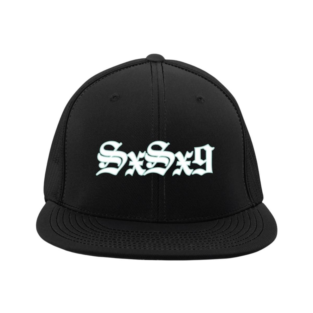 Black cap with white logo on a white background