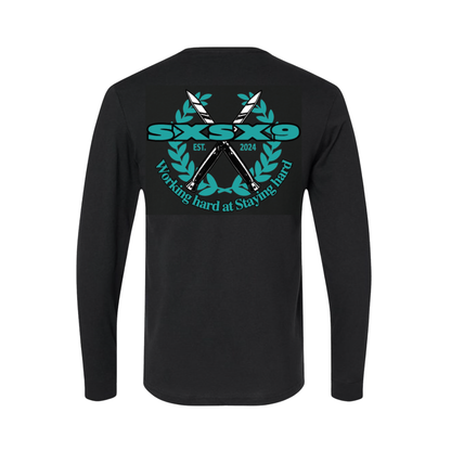 Black long-sleeve shirt with blue and green graphic on the back on a white background