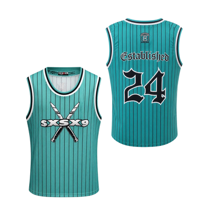 Teal basketball jersey with 'SXSX9' logo and number '24' on a white background