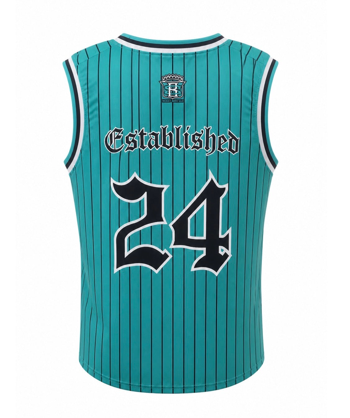 Teal basketball jersey with number 24 and 'Established' text on a white background