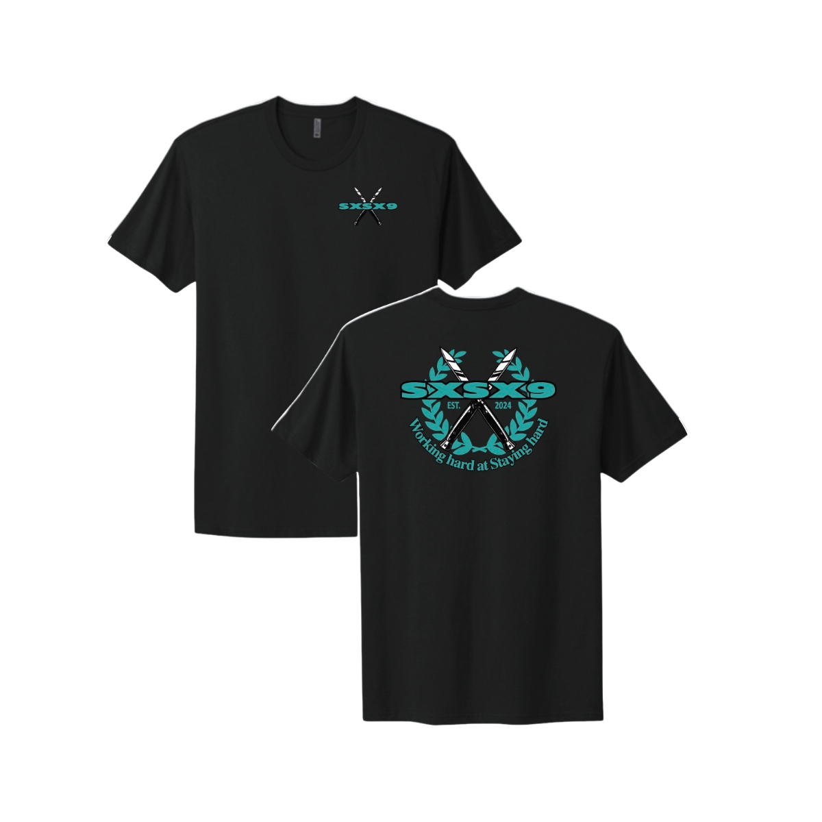 Black t-shirt with blue and white graphics and text on a white background